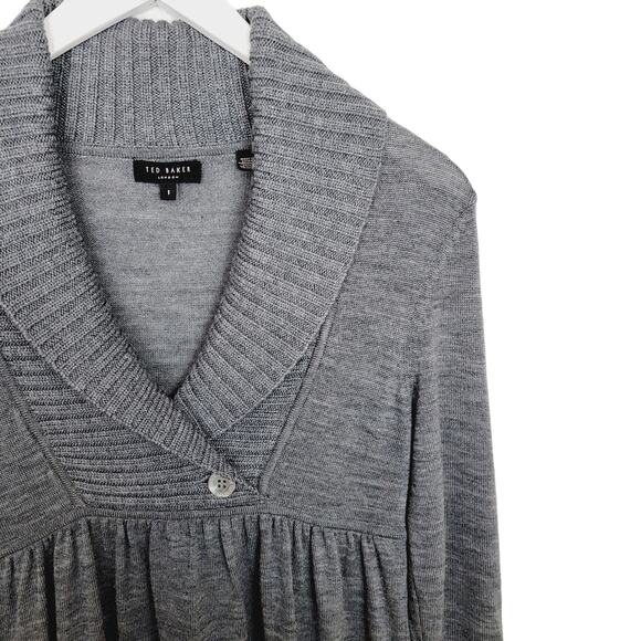 TED BAKER London 100% Wool Gray Shawl Collar Sweater Ted Baker Size 1 US 4 - Picture 3 of 9